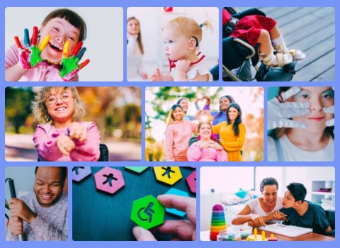 hero image showing special needs child finger painting, toddler wearing a hearing aid, special needs teen wearing makeup, blind man smiling StayLooped