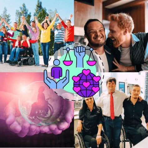 four images showing heroes: group of people holding up arms, two friends laugh, two people in wheelchairs pose with coworker with drawings of globe with hearts and equality weights in middle of photos