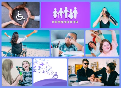 hero image with several images including woman with prosthetic arm, yoga class for special needs participants, woman in wheelchair at beach and sight impaired man reading a book StayLooped