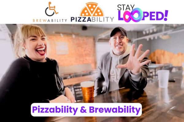 screen image of owner of brewability and pizzability laughing as she is interviewed stay looped