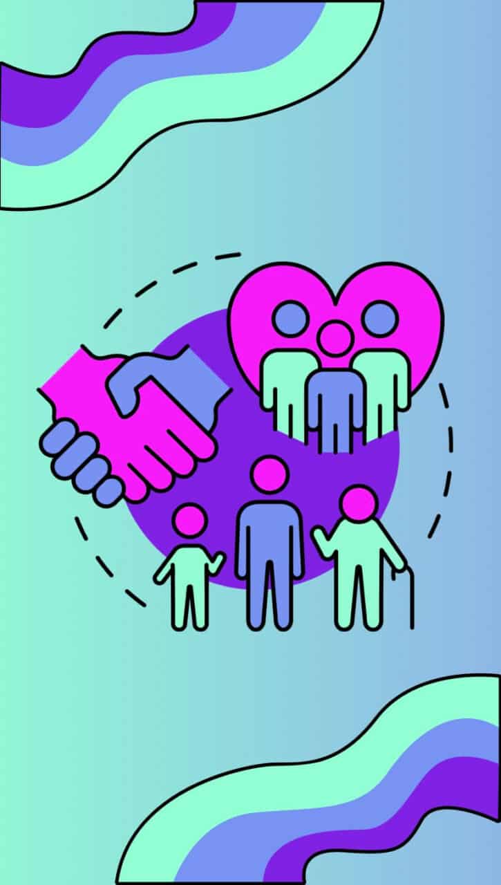 three images drawn to show shaking hands, loving family, and support for people with disabilities in green, blue, and pink colors StayLooped