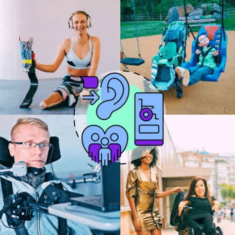 four image showing resources for special needs and neurodiverse community such as prosthetics, wheelchairs, and swings at playground with an ear and mobile phone drawn in middle StayLooped