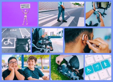 hero image showing sight impaired man crossing street, shaking hands with prosthetic arm, wheelchair symbol in parking lot, person in wheelchair, and man using hearing aid StayLooped