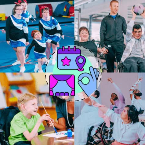 images of special needs and Neurodiverse community doing activities like cheer, weightlifting, painting, and expressive dance with images of calendar and theatre in middle StayLooped