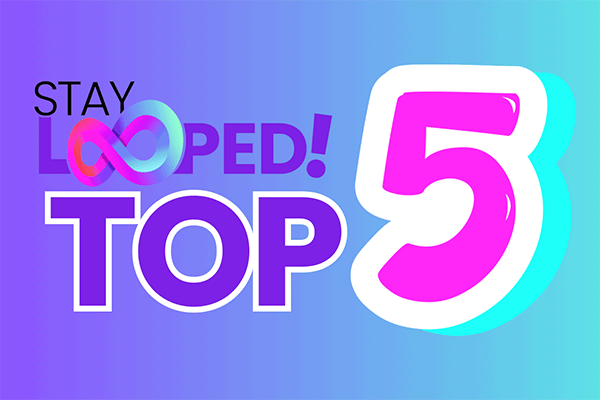 staylooped logo with top 5 image in blue, purple and pink